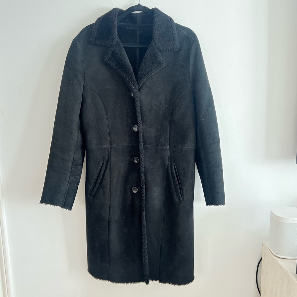 Black Authentic Shearling Suede Long Coat Barneys NY